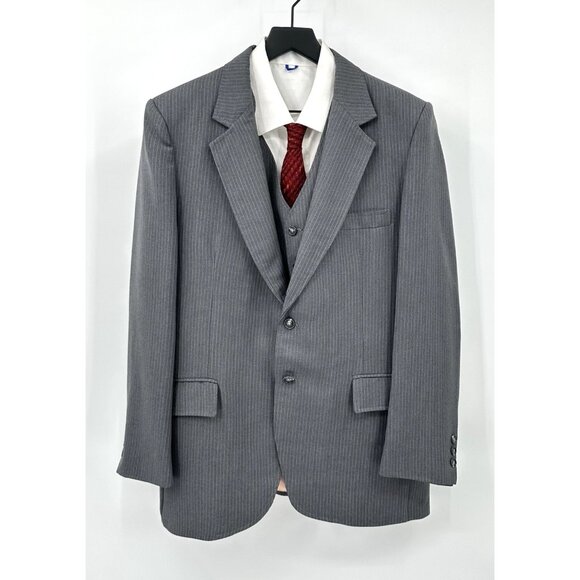 vintage 70s VAN CORT 2 piece suit pinstripe jacket pants vest gray 40R 36W - Picture 1 of 13